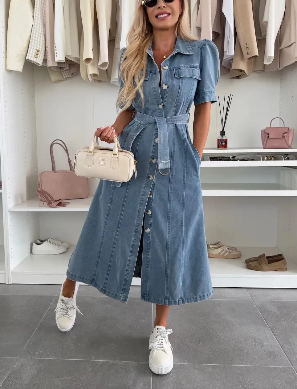 chouyatou Women's Denim Puff Short Sleeve Shirt Dress Button Down Lapel Belted Jean Midi Long Dress with Pockets