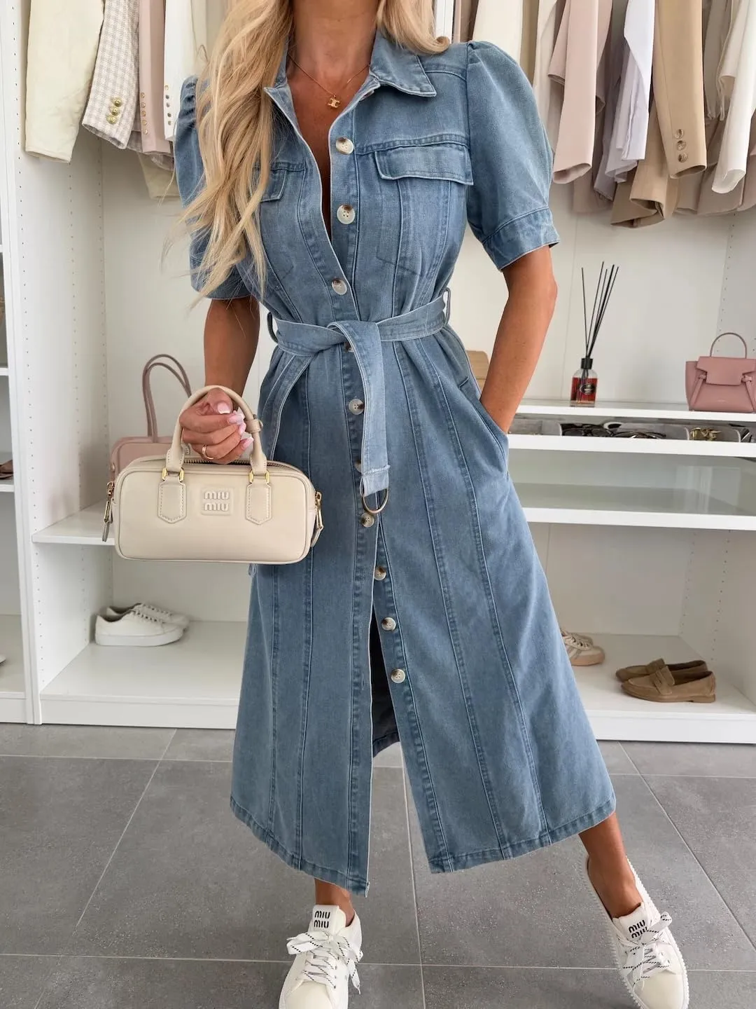 chouyatou Women's Denim Puff Short Sleeve Shirt Dress Button Down Lapel Belted Jean Midi Long Dress with Pockets