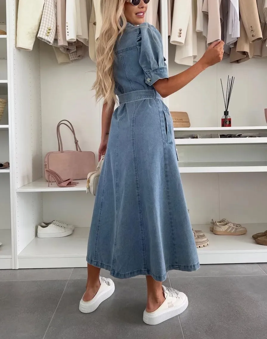 chouyatou Women's Denim Puff Short Sleeve Shirt Dress Button Down Lapel Belted Jean Midi Long Dress with Pockets