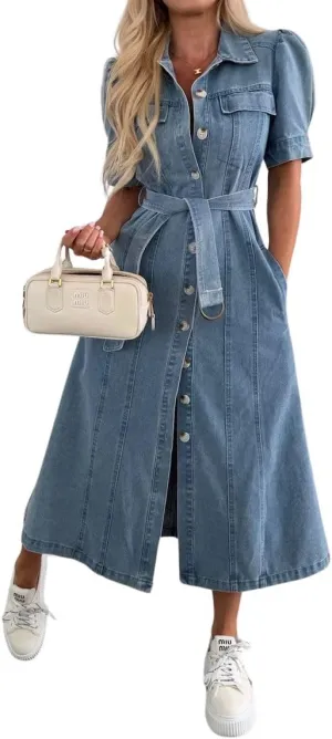 chouyatou Women's Denim Puff Short Sleeve Shirt Dress Button Down Lapel Belted Jean Midi Long Dress with Pockets