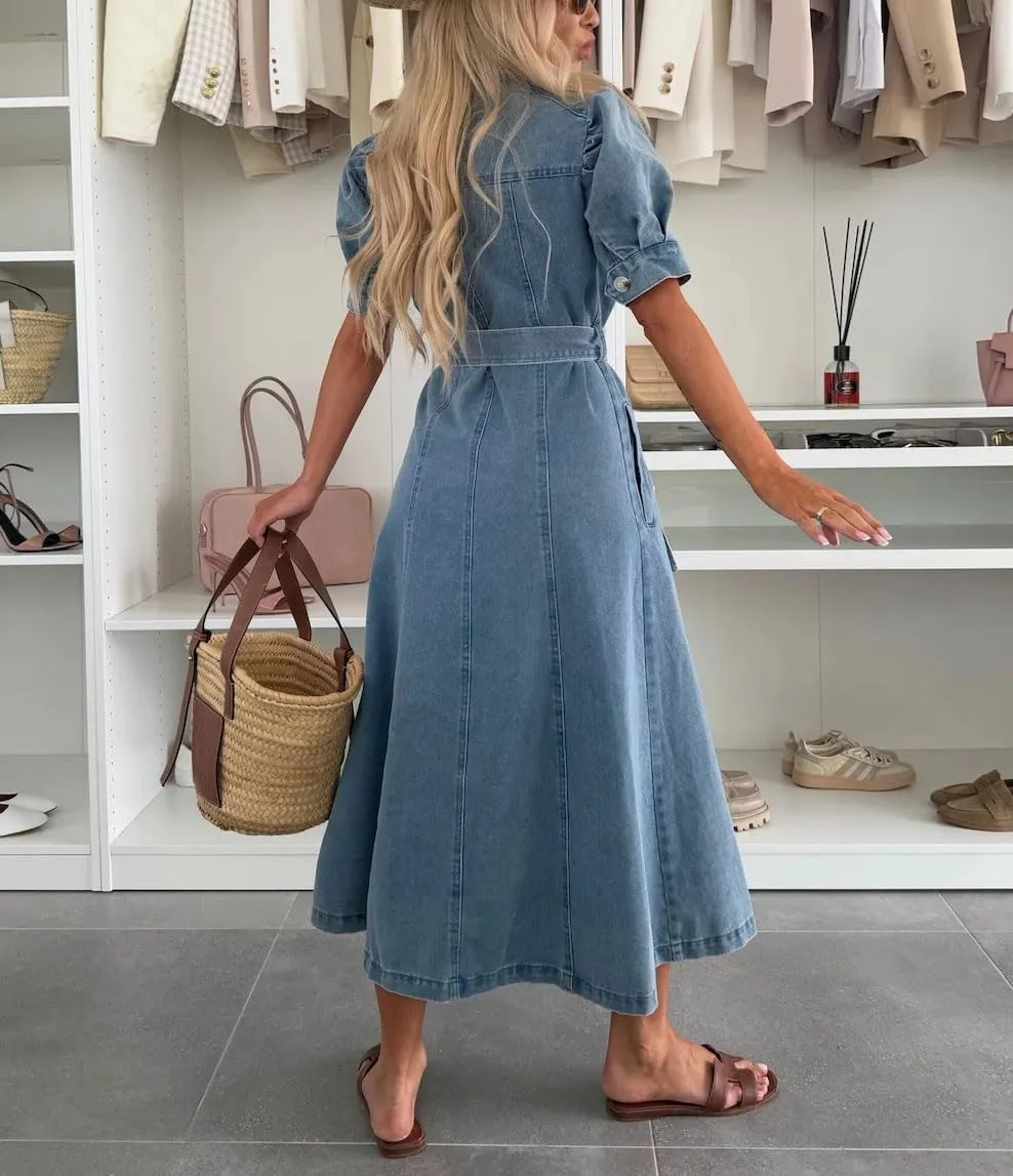 chouyatou Women's Denim Puff Short Sleeve Shirt Dress Button Down Lapel Belted Jean Midi Long Dress with Pockets