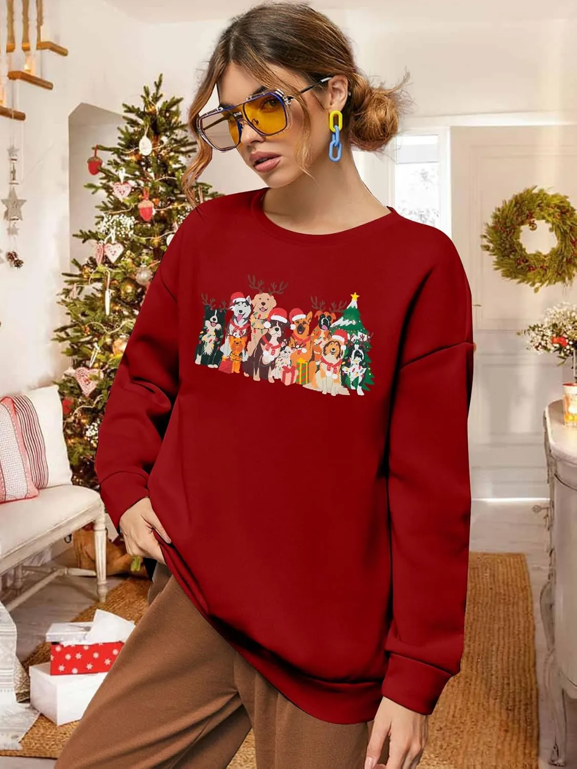 Christmas Dog Sweatshirt Women Cute Dog Graphic Long Sleeve Shirt Doggy Lovers Crewneck Pullover Tops