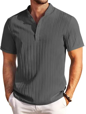 COOFANDY Men Casual Henley Tee Shirt Short Sleeve Band Collar Summer Beach Textured T-Shirt
