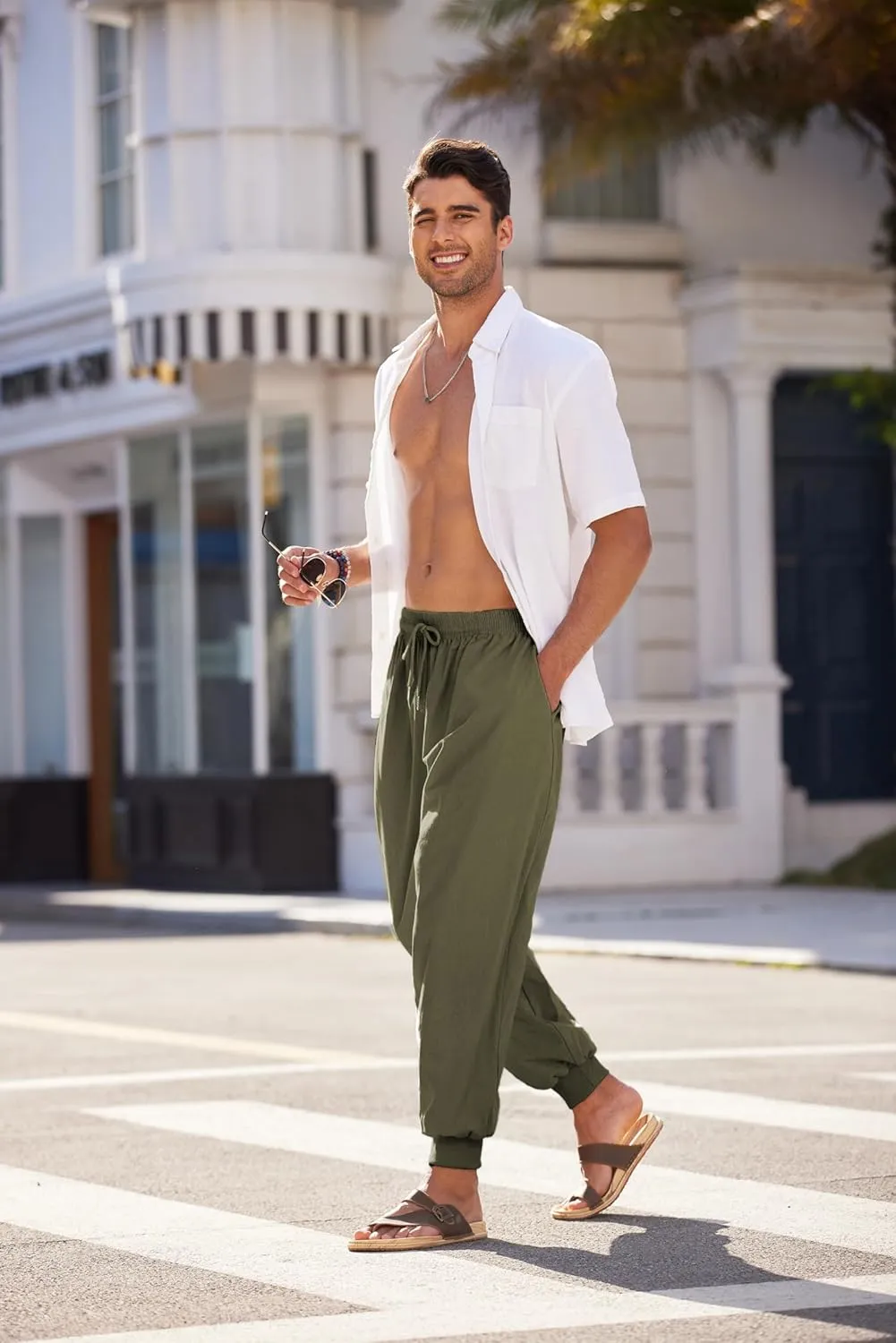 COOFANDY Men Hippie Harem Pants Baggy Linen Cotton Boho Yoga Pants Summer Beach Pants Casual Drop Crotch Trouser