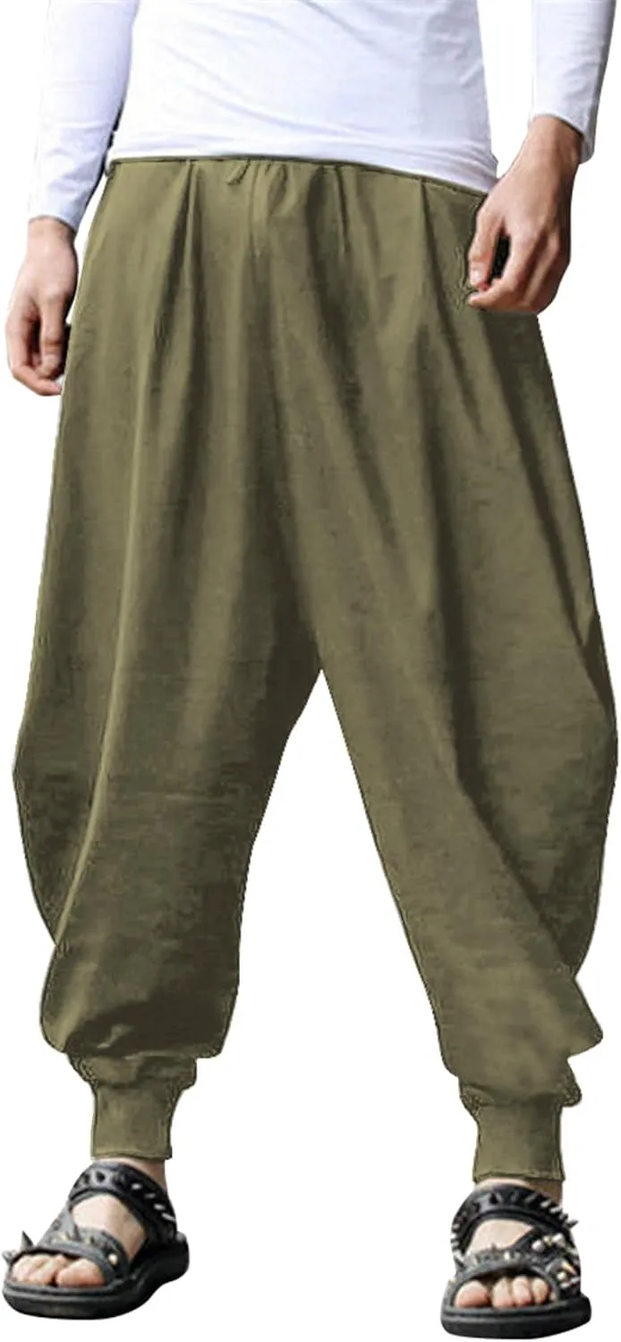 COOFANDY Men Hippie Harem Pants Baggy Linen Cotton Boho Yoga Pants Summer Beach Pants Casual Drop Crotch Trouser