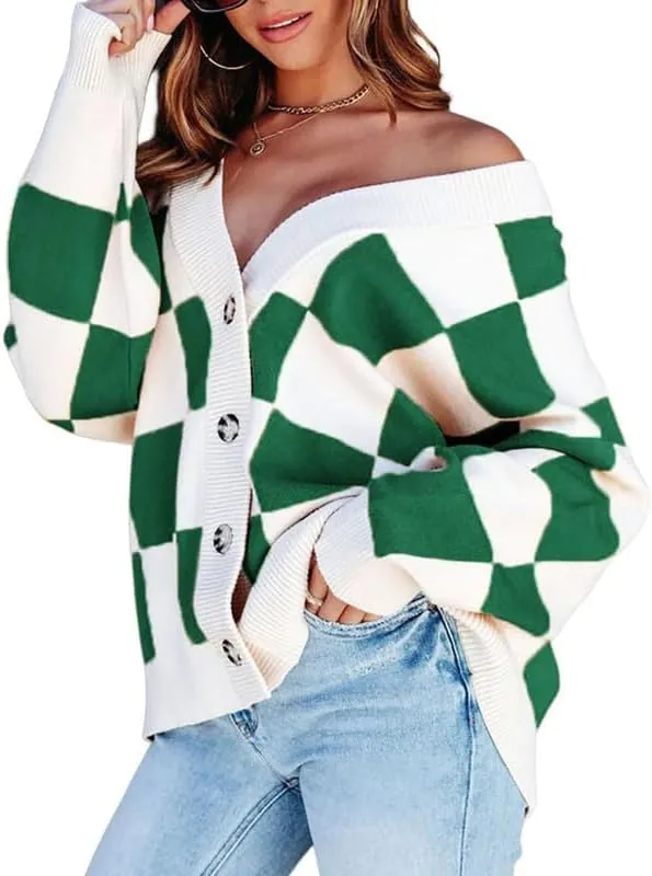 CORIRESHA Women's Color Block Check Crew Neck Long Sleeve Chunky Casual Knit Pullover Sweater