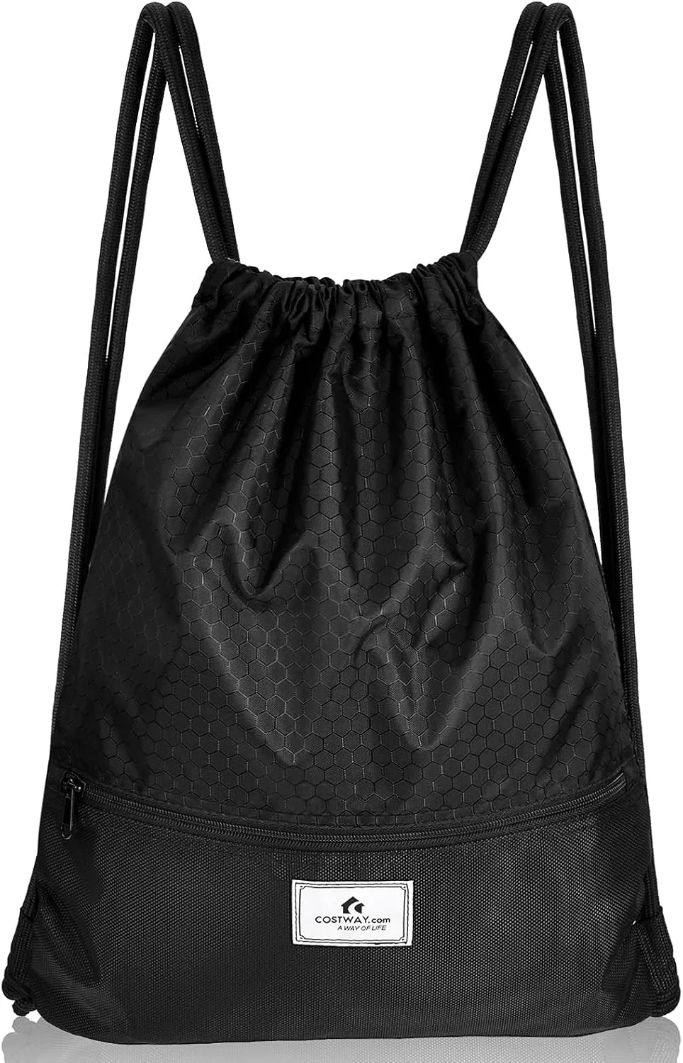 COSTWAY Drawstring Backpack, Folding Sports Gym Backpack with Zipper Pockets, String Cinch Bag for Gym Shopping Sport Yoga Beach Travel Camping Workout Gear (Black)