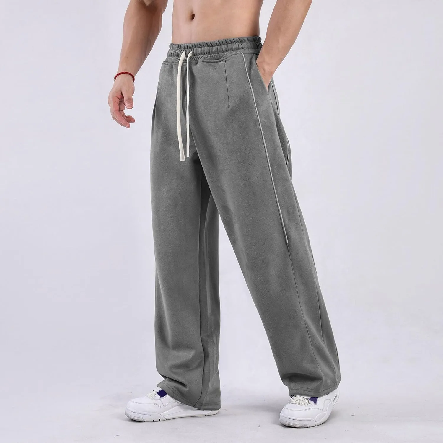 DGHM-JLMY Men's Loose Wide Leg Sweatpants Elastic Waist Regular Fit Straight Pant Stitching Side Seam Thick Casual Trousers