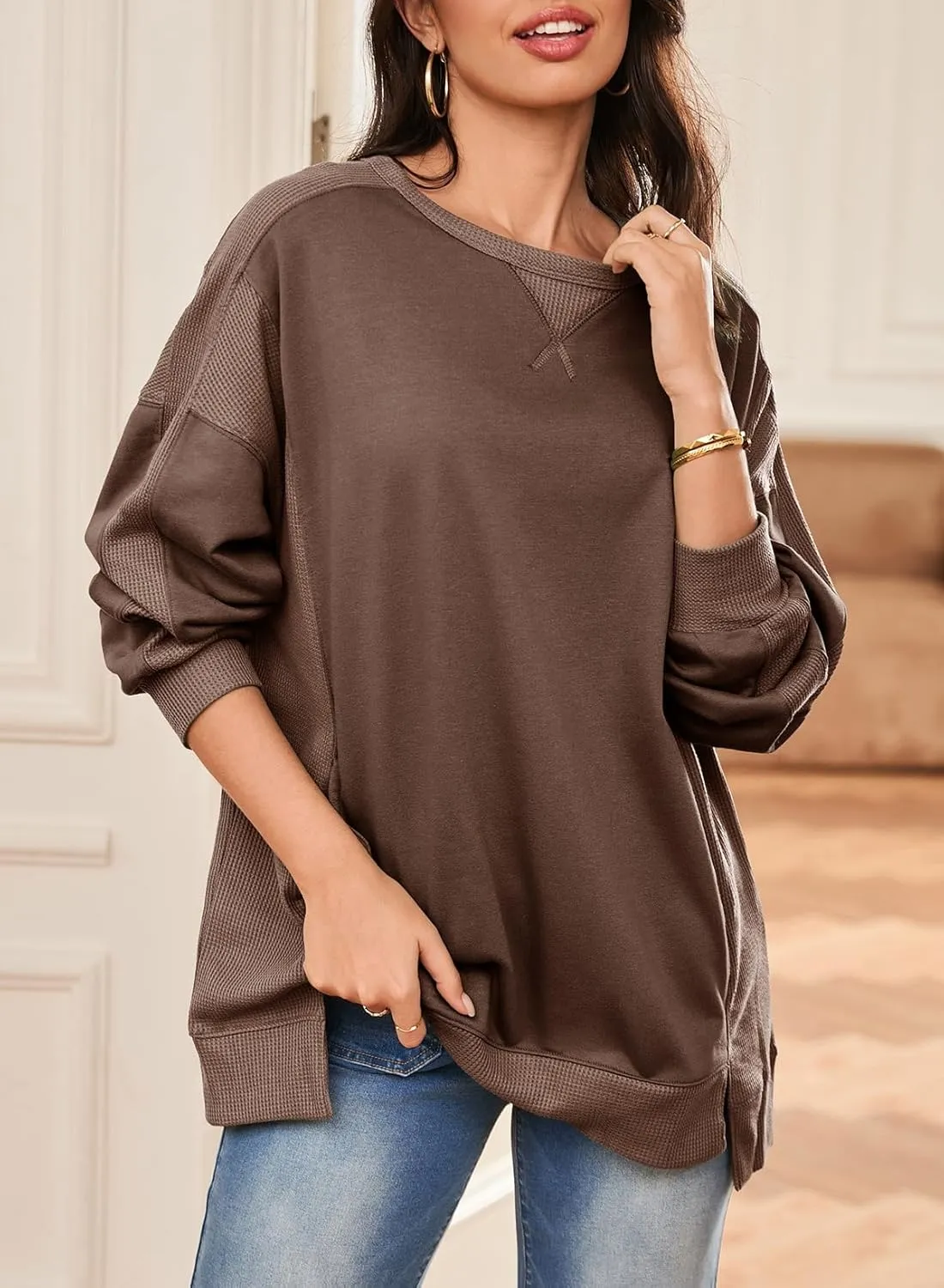 Dokotoo Oversized Sweatshirt for Women Casual Crewneck Long Sleeve Waffle Splicing Solid Pullover Sweatshirts Tops