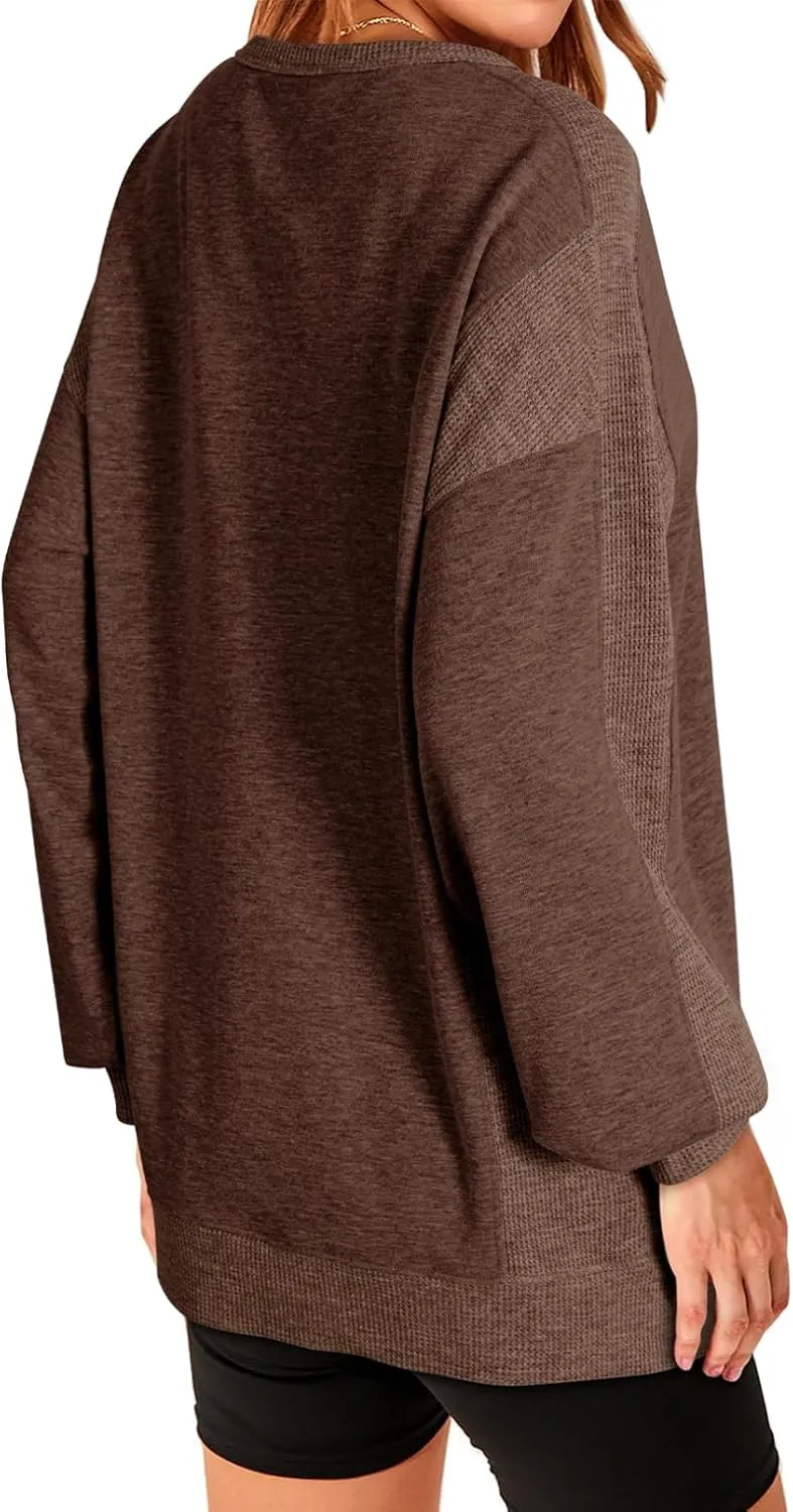 Dokotoo Oversized Sweatshirt for Women Casual Crewneck Long Sleeve Waffle Splicing Solid Pullover Sweatshirts Tops