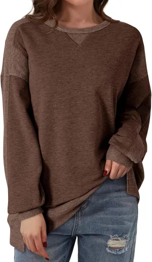 Dokotoo Oversized Sweatshirt for Women Casual Crewneck Long Sleeve Waffle Splicing Solid Pullover Sweatshirts Tops