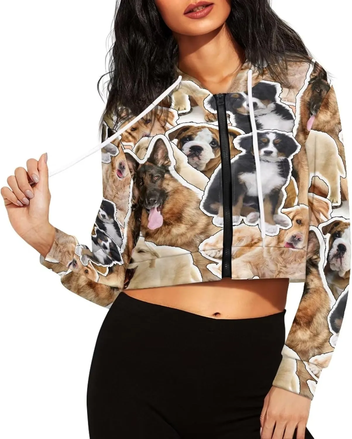 Dolyues Women's Cropped Hoodies Full-Zip Sweatshirt Crop Top Long Sleeves Hooded Jacket Coat Outwear with Pockets