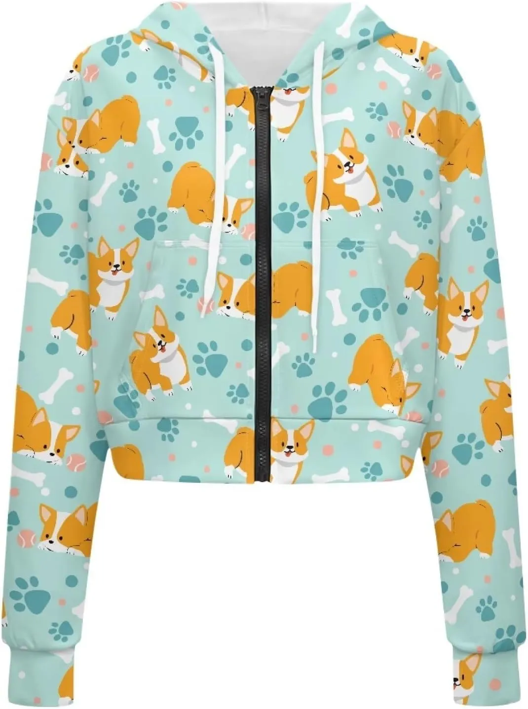 Dolyues Women's Zip Up Hoodie Graphic Drawstring Hooded Sweatshirt Tops Long Sleeve Casual Cropped Jacket Coat with Pockets