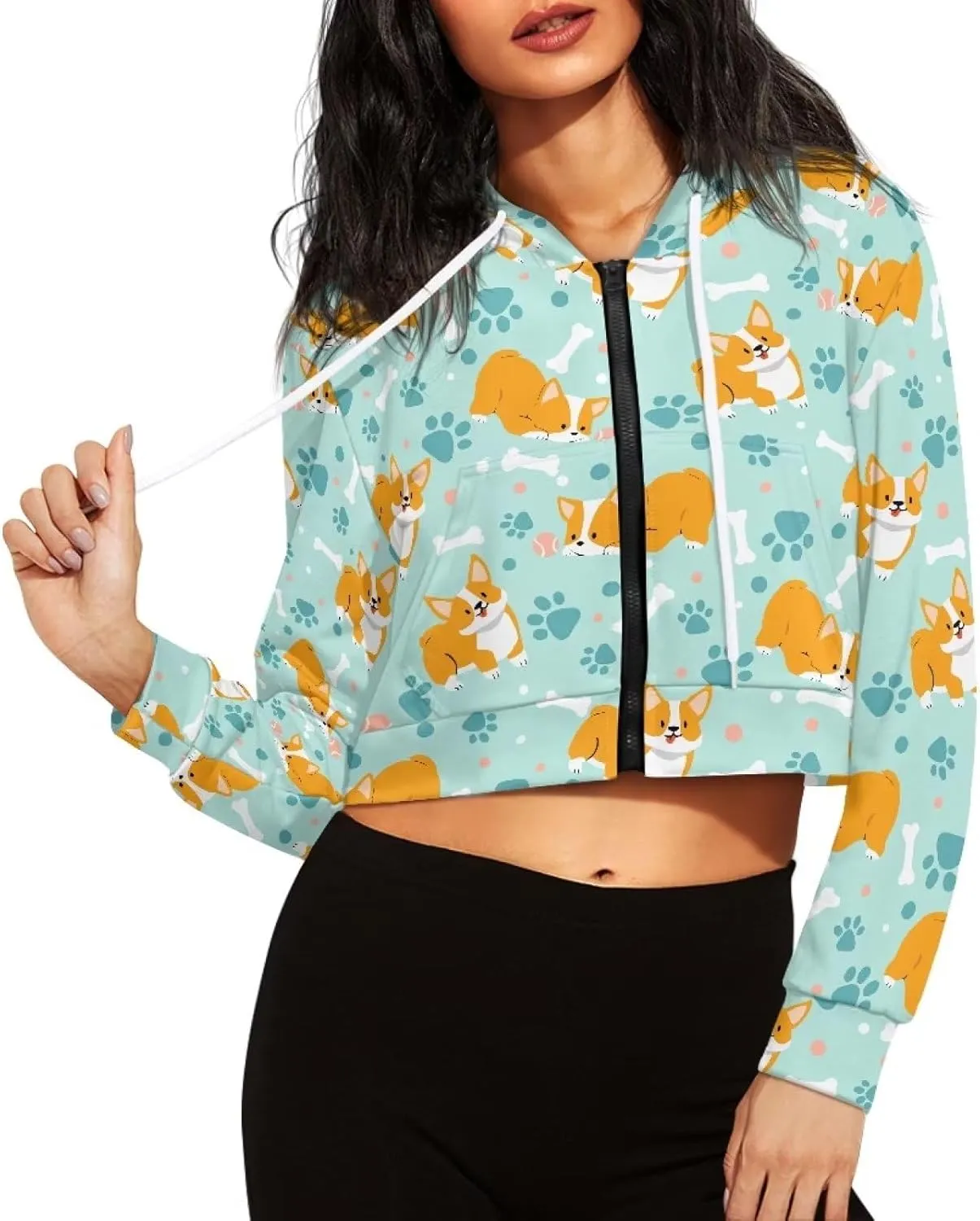 Dolyues Women's Zip Up Hoodie Graphic Drawstring Hooded Sweatshirt Tops Long Sleeve Casual Cropped Jacket Coat with Pockets