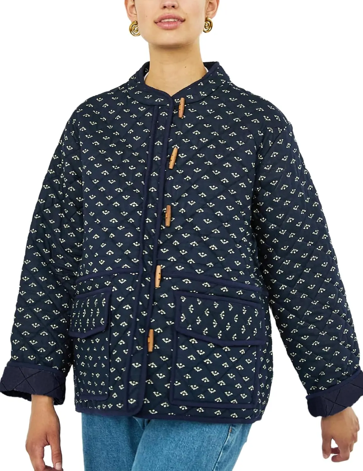 Dqbeng Womens Quilted Jacket Lightweight Floral Print Button Down Padded Puffer Cardigan Coat Outwear