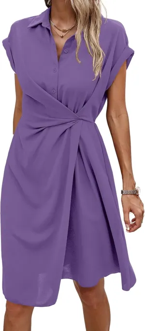 ECOWISH Womens Casual Midi Dresses Solid V Neck Short Sleeve Button Shirt Belted Dress with Pockets for Spring Summer 2025