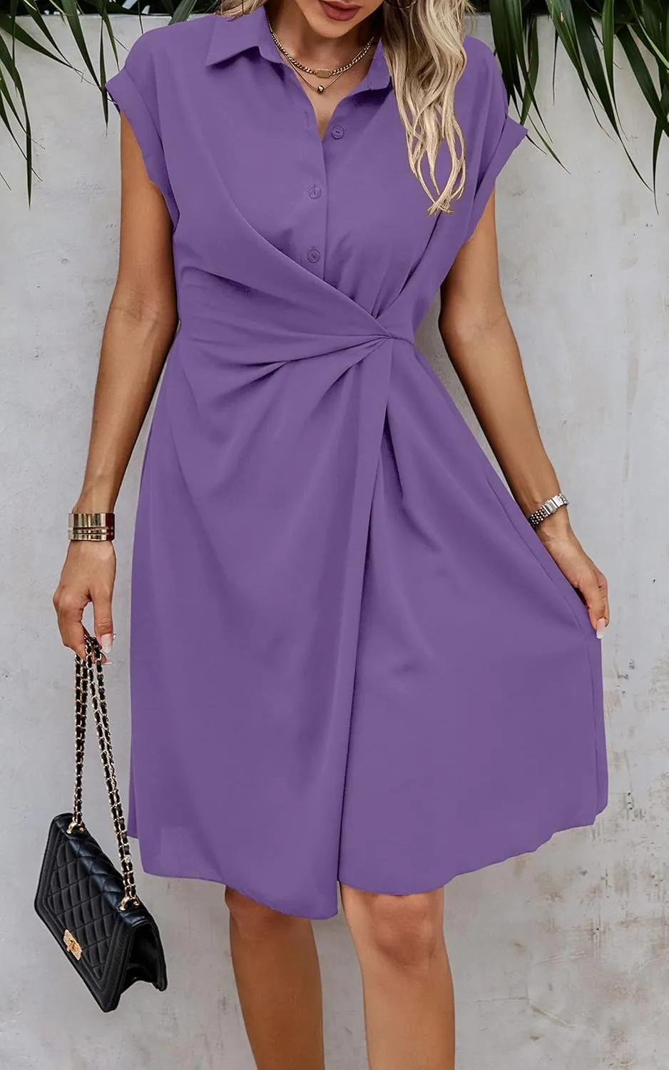 ECOWISH Womens Casual Midi Dresses Solid V Neck Short Sleeve Button Shirt Belted Dress with Pockets for Spring Summer 2025