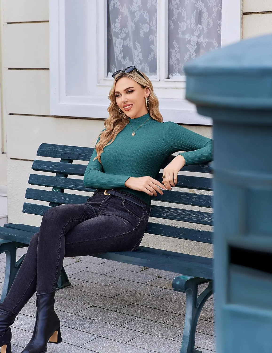 Ekouaer Women's Mock Turtleneck Long Sleeve Shirts Fall Ribbed Tops Fleece Basic Layering Soft Thermal Undershirts Tee