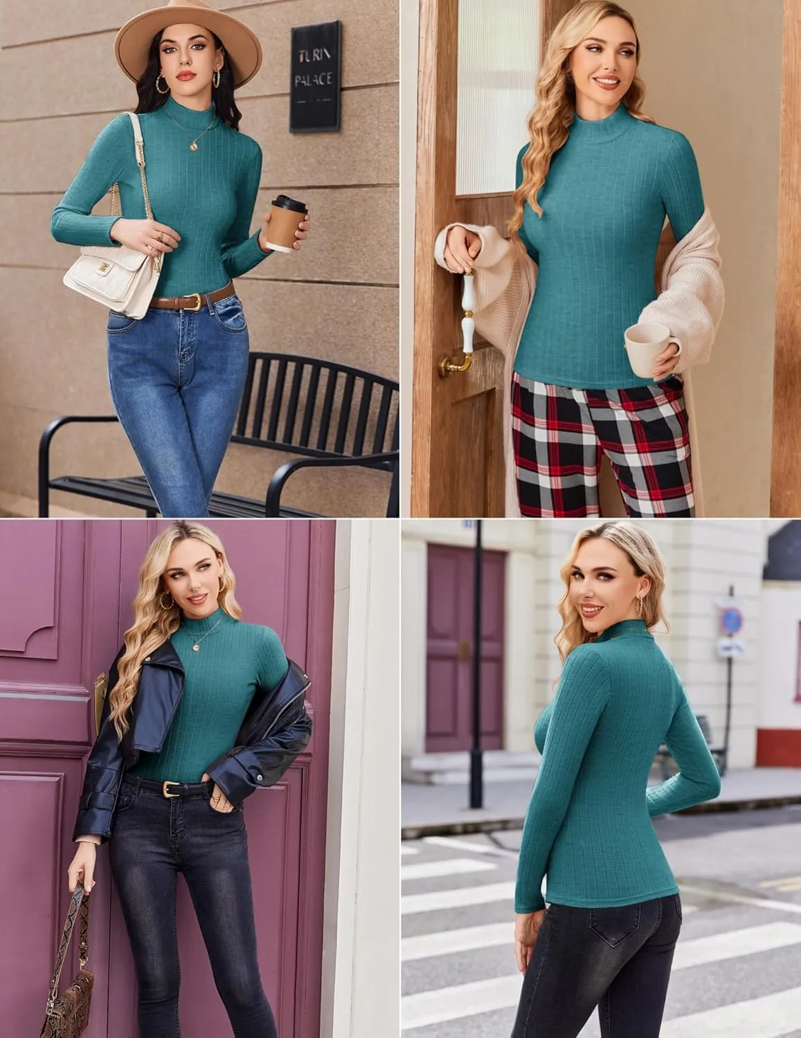 Ekouaer Women's Mock Turtleneck Long Sleeve Shirts Fall Ribbed Tops Fleece Basic Layering Soft Thermal Undershirts Tee