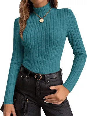 Ekouaer Women's Mock Turtleneck Long Sleeve Shirts Fall Ribbed Tops Fleece Basic Layering Soft Thermal Undershirts Tee