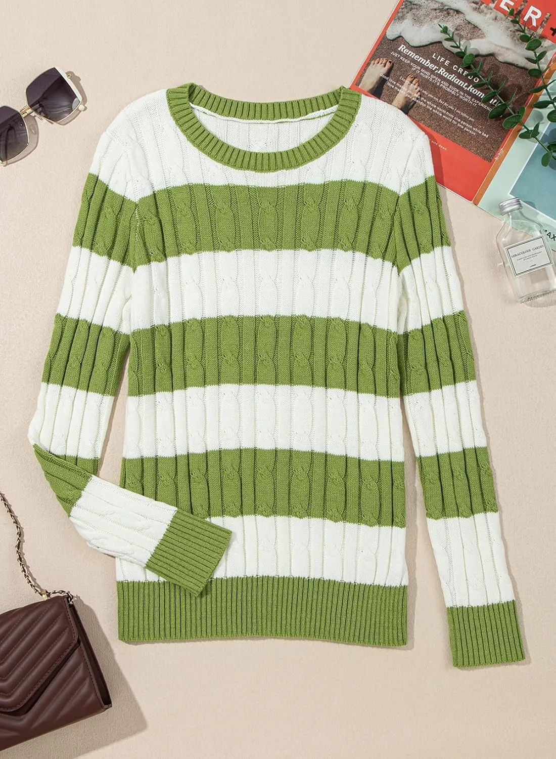EVALESS Womens Cable Knitted Old Money Pullover Sweater Crewneck Business Casual Long Sleeve Tops