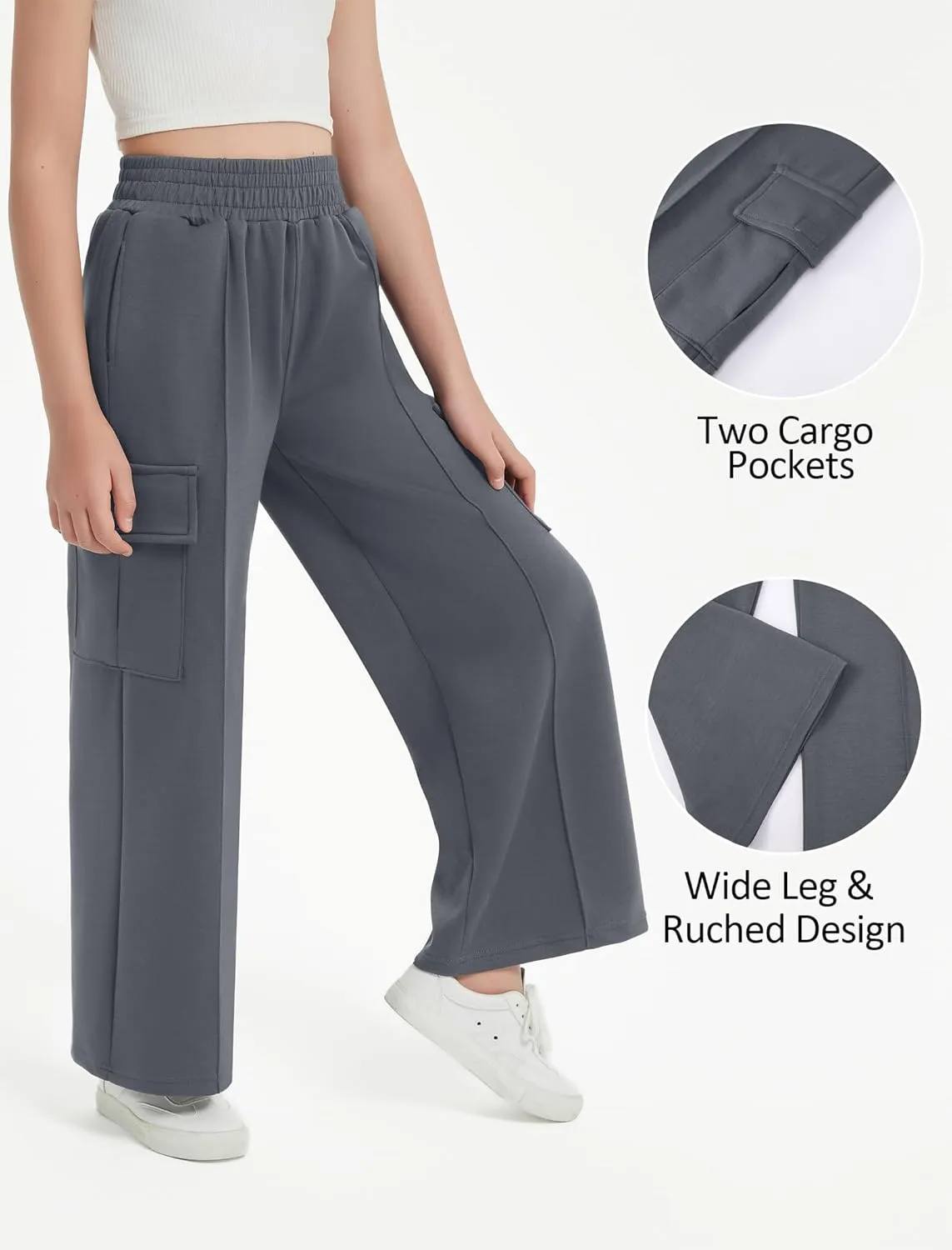 EXARUS Girls Sweatpants Wide Leg Baggy Teen Sweat Pants Cargo/Side Striped/Crossover V Waist Casual with Pockets 6-14Y