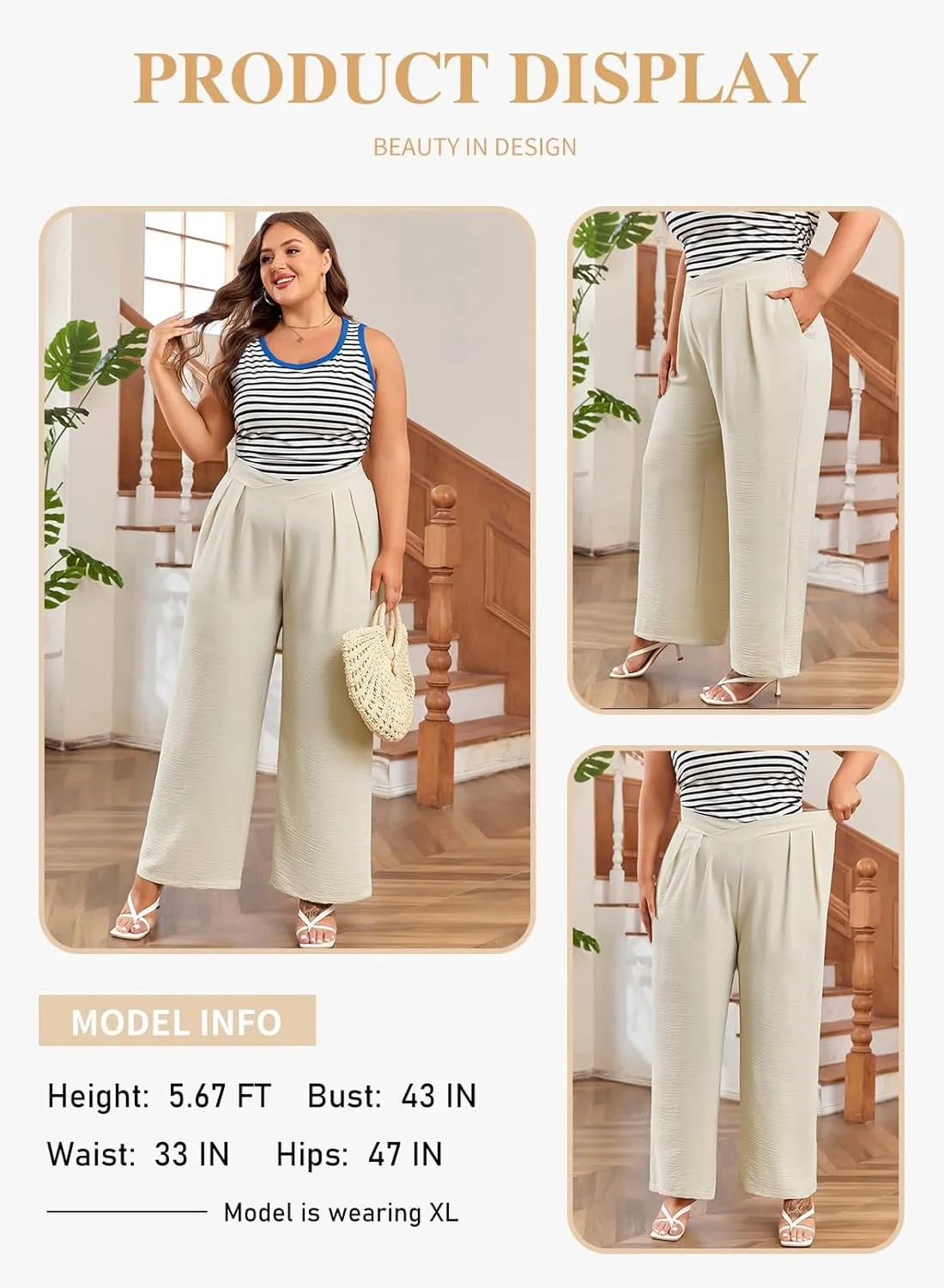 Eytino Womens Plus Size Wide Leg Pants Crossover Waist Pleated Front Casual Work Pants Lounge Trouser with Pockets(1X-5X)