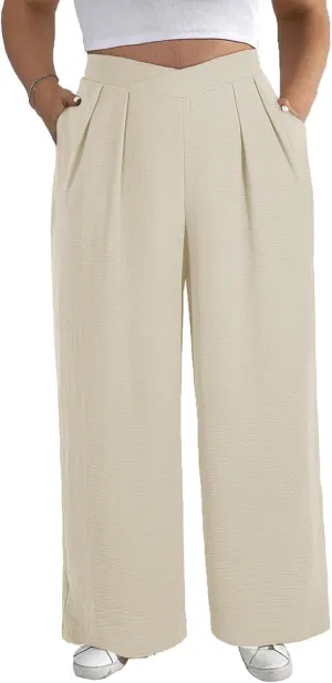Eytino Womens Plus Size Wide Leg Pants Crossover Waist Pleated Front Casual Work Pants Lounge Trouser with Pockets(1X-5X)
