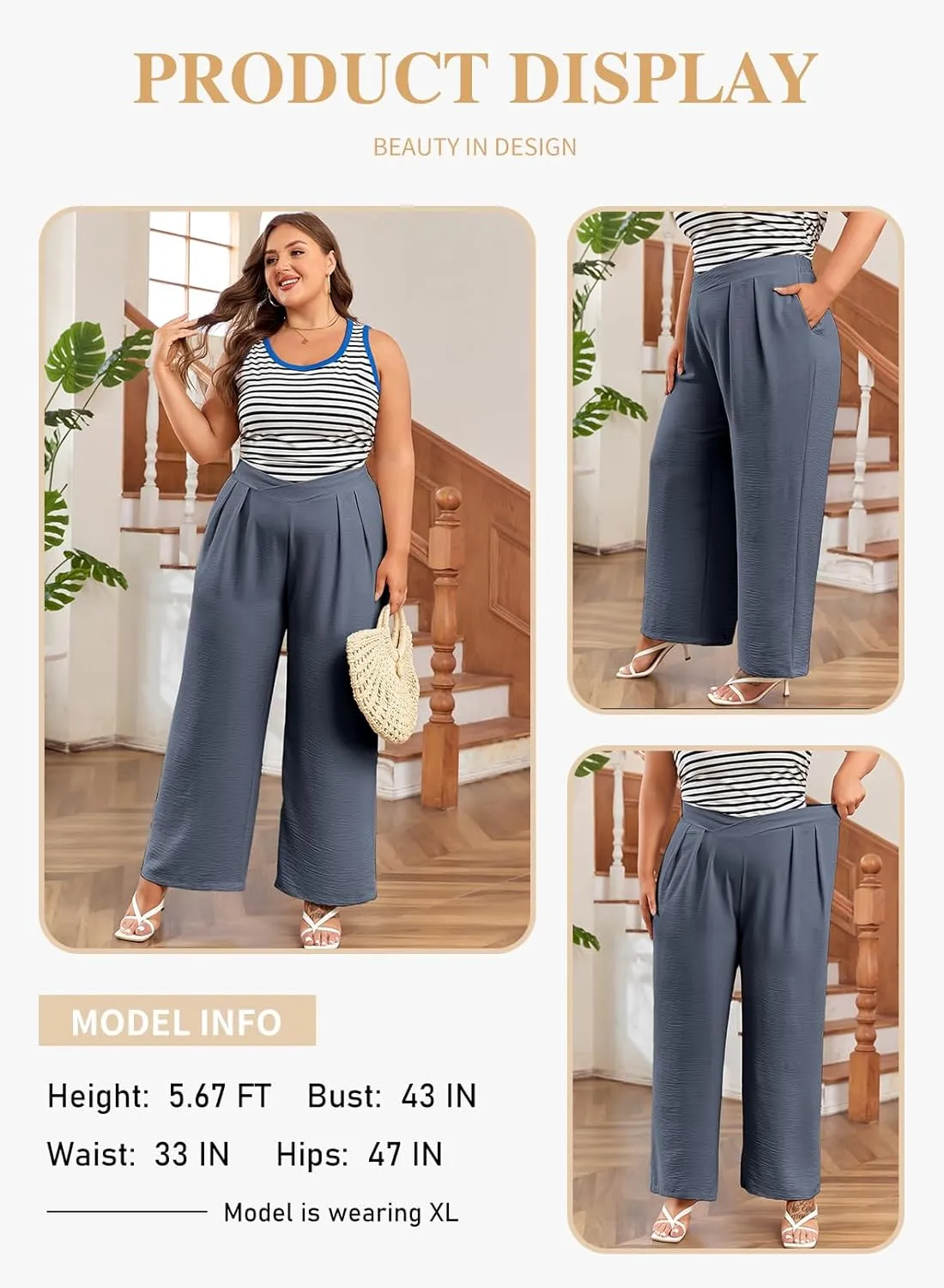 Eytino Womens Plus Size Wide Leg Pants Crossover Waist Pleated Front Casual Work Pants Lounge Trouser with Pockets(1X-5X)