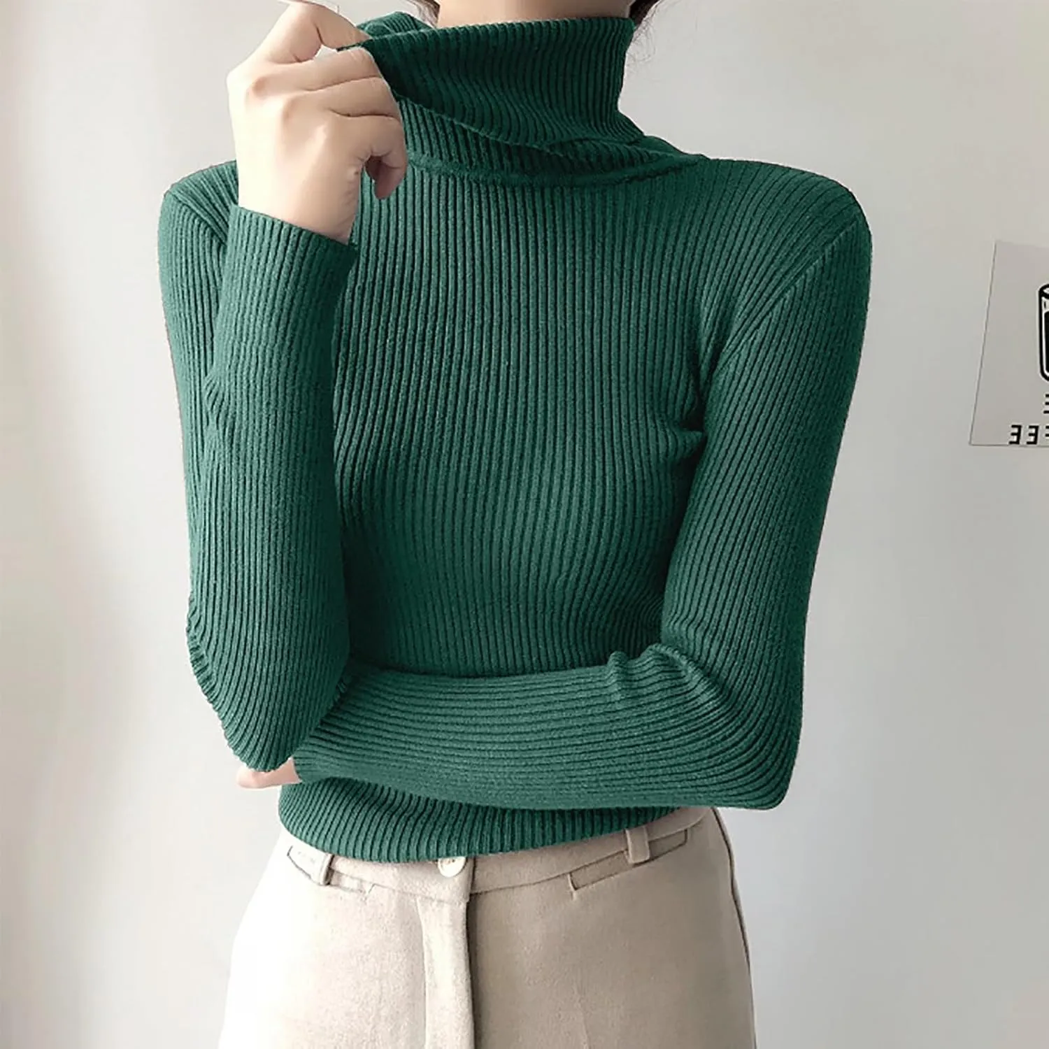 Fall Long Sleeve Turtleneck Sweaters for Women 2024 Ribbed Knit Pullover Sweater Slim Fit Basic Casual Tee Tops