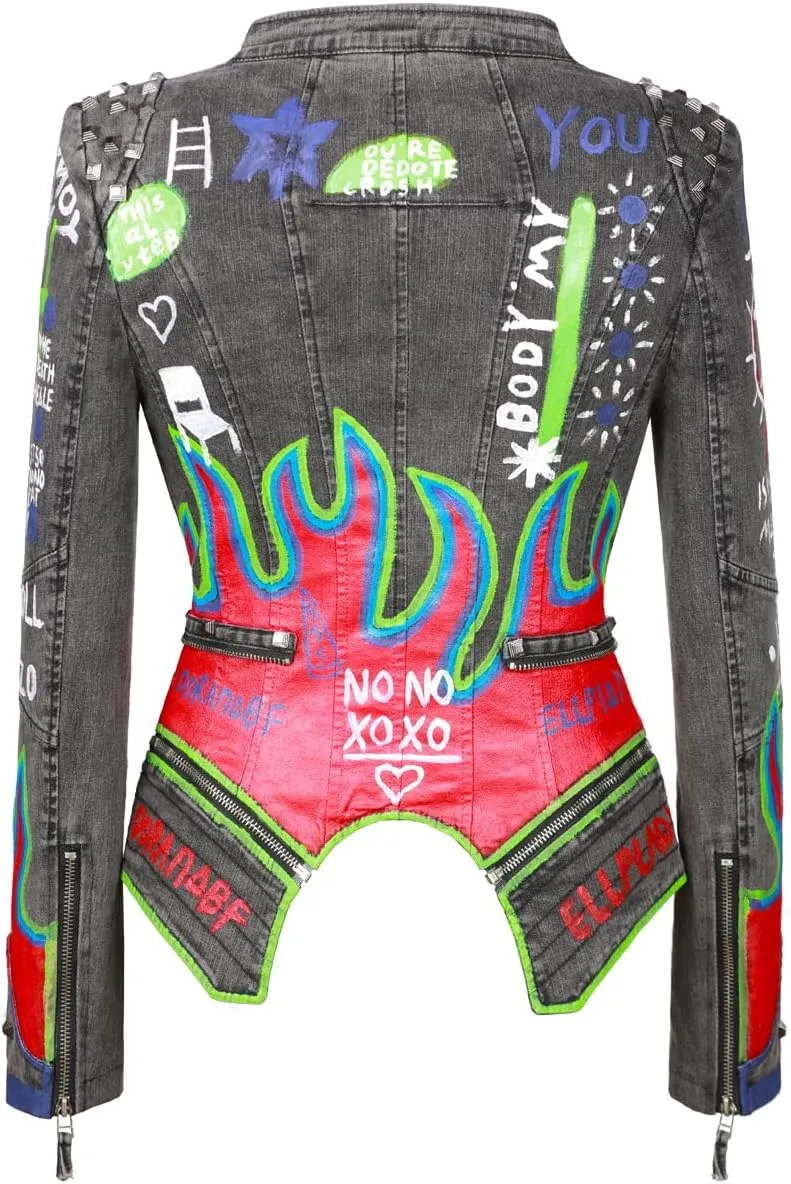 Fashion SX Women's hand-painted pattern fashion studs perfect shaping bicycle jacket motorcycle denim zipper jacket