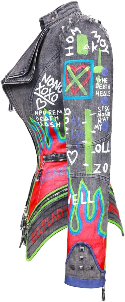 Fashion SX Women's hand-painted pattern fashion studs perfect shaping bicycle jacket motorcycle denim zipper jacket