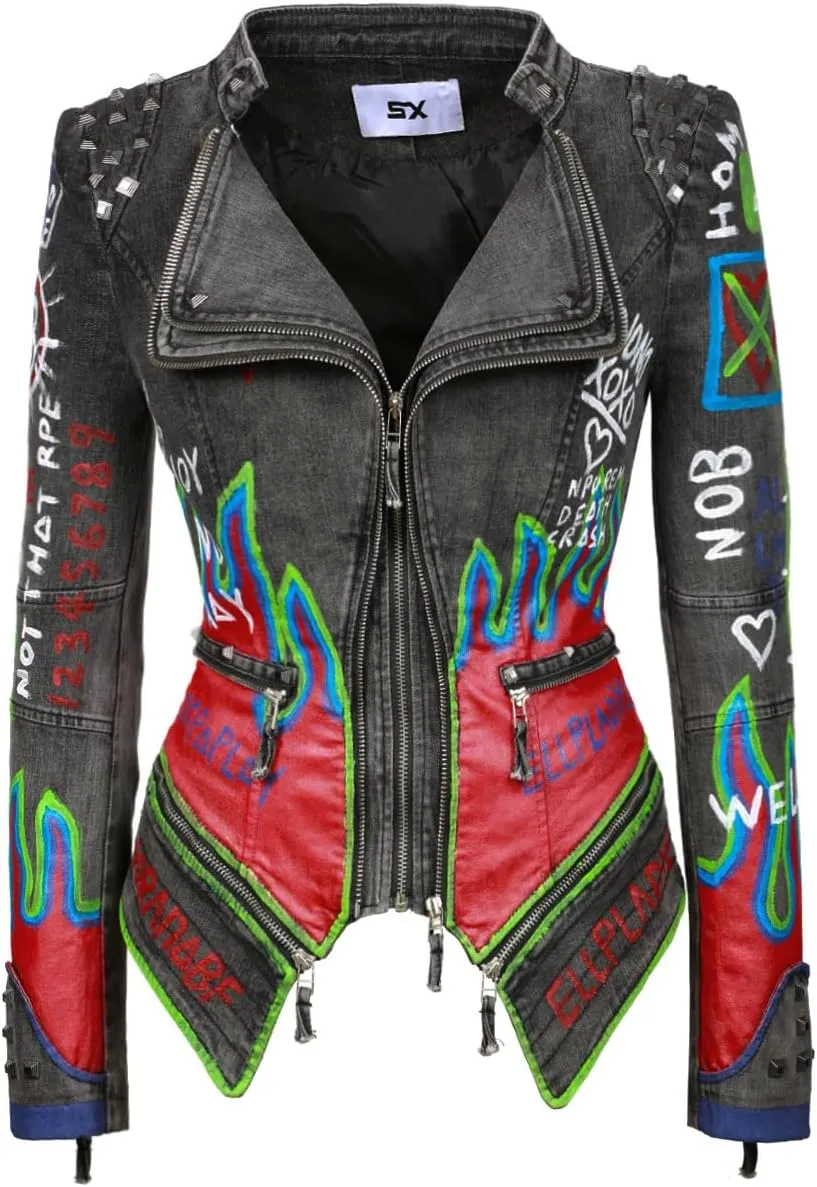 Fashion SX Women's hand-painted pattern fashion studs perfect shaping bicycle jacket motorcycle denim zipper jacket