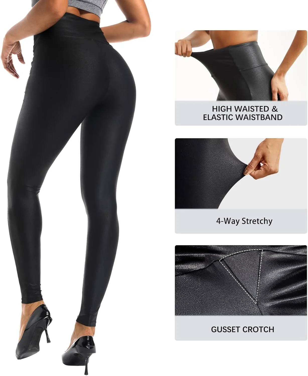 Faux Leather Leggings for Women High Waisted Leather Pants Stretch Tummy Control Black Elastic Pleather Tights