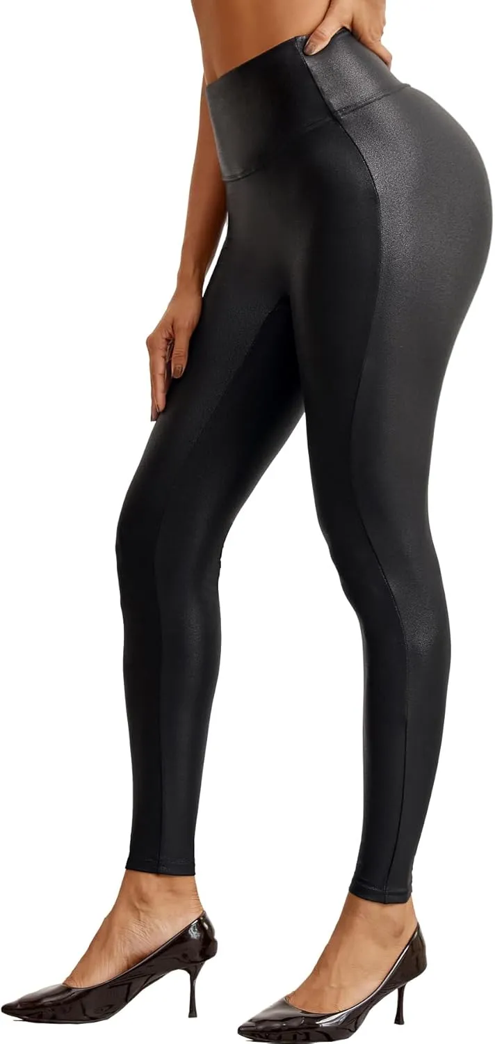 Faux Leather Leggings for Women High Waisted Leather Pants Stretch Tummy Control Black Elastic Pleather Tights