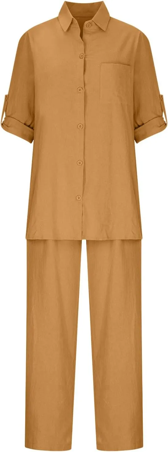 Firzero Two Piece Sets for Women Summer Linen 2 Piece Outfits Long Sleeve Crewneck Shirts Matching Wide Leg Pants Lounge Sets