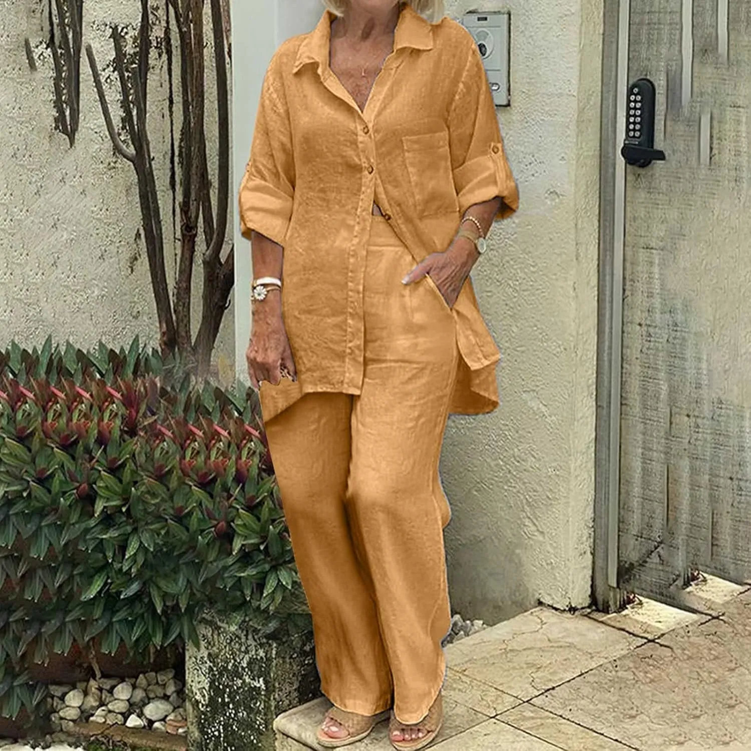 Firzero Two Piece Sets for Women Summer Linen 2 Piece Outfits Long Sleeve Crewneck Shirts Matching Wide Leg Pants Lounge Sets