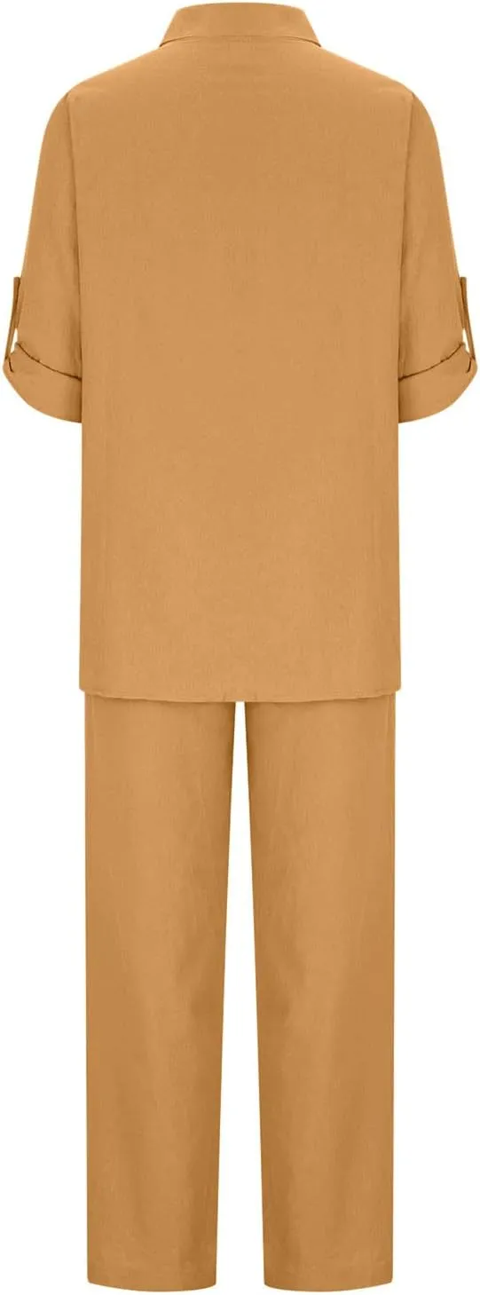 Firzero Two Piece Sets for Women Summer Linen 2 Piece Outfits Long Sleeve Crewneck Shirts Matching Wide Leg Pants Lounge Sets