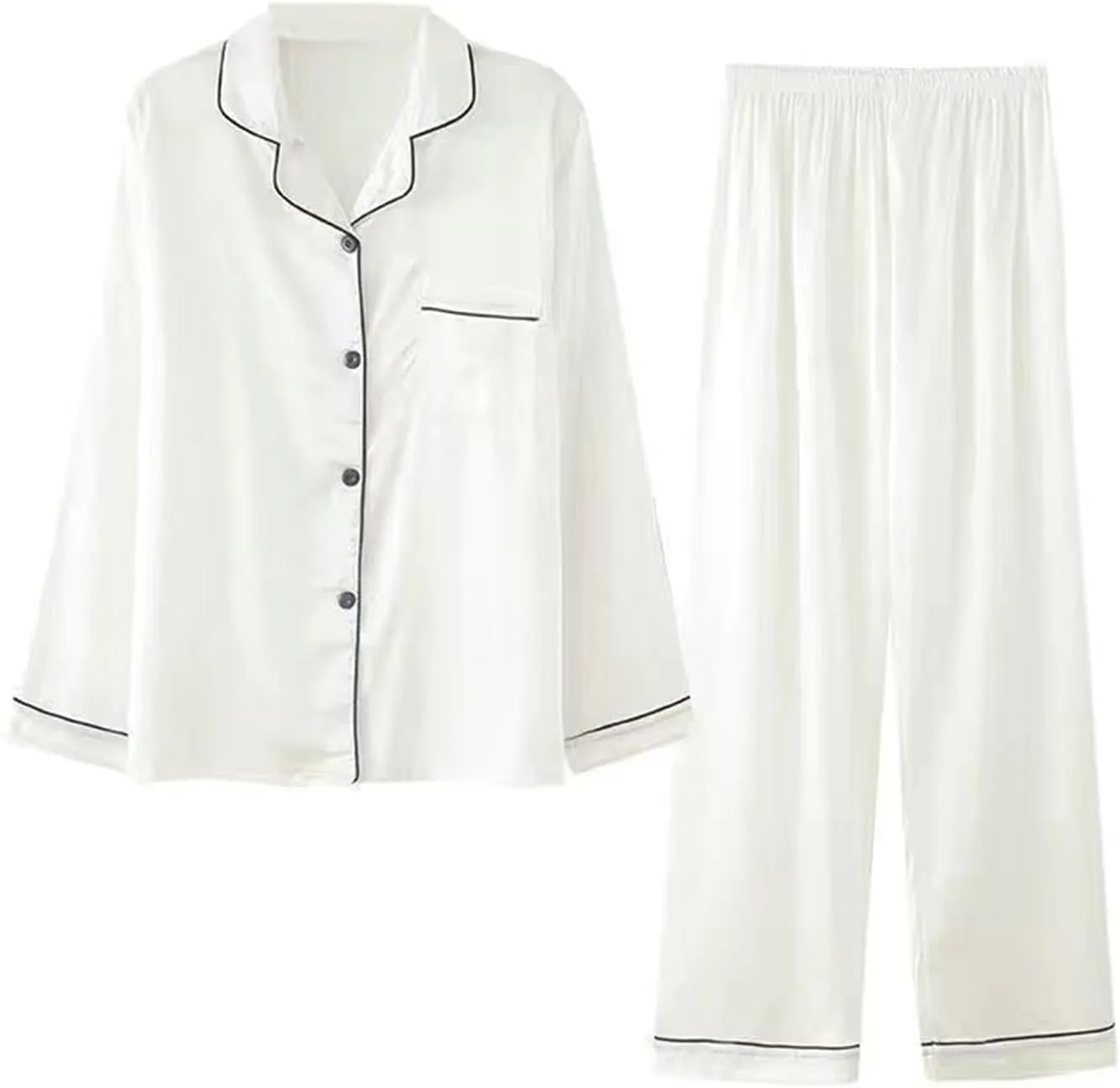 Firzero Womens Silk Pajama Sets Plus Size Elegant Long Sleeved Button Down Shirt Wide Leg Pants Set Pjs Set with Pockets
