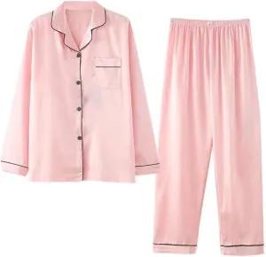 Firzero Womens Silk Pajama Sets Plus Size Elegant Long Sleeved Button Down Shirt Wide Leg Pants Set Pjs Set with Pockets