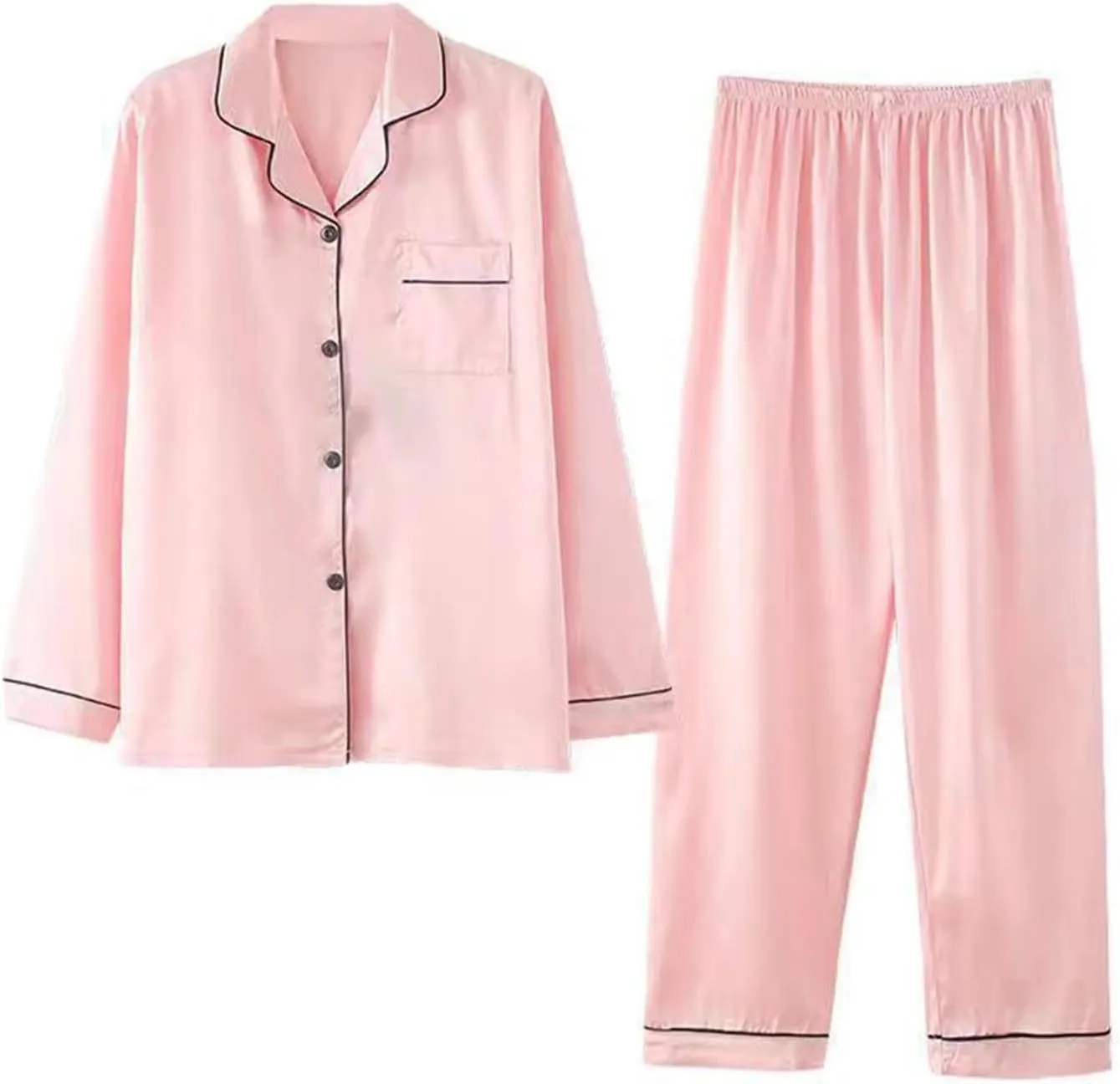 Firzero Womens Silk Pajama Sets Plus Size Elegant Long Sleeved Button Down Shirt Wide Leg Pants Set Pjs Set with Pockets