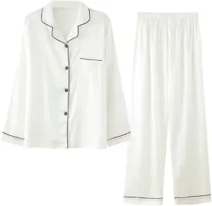 Firzero Womens Silk Pajama Sets Plus Size Elegant Long Sleeved Button Down Shirt Wide Leg Pants Set Pjs Set with Pockets