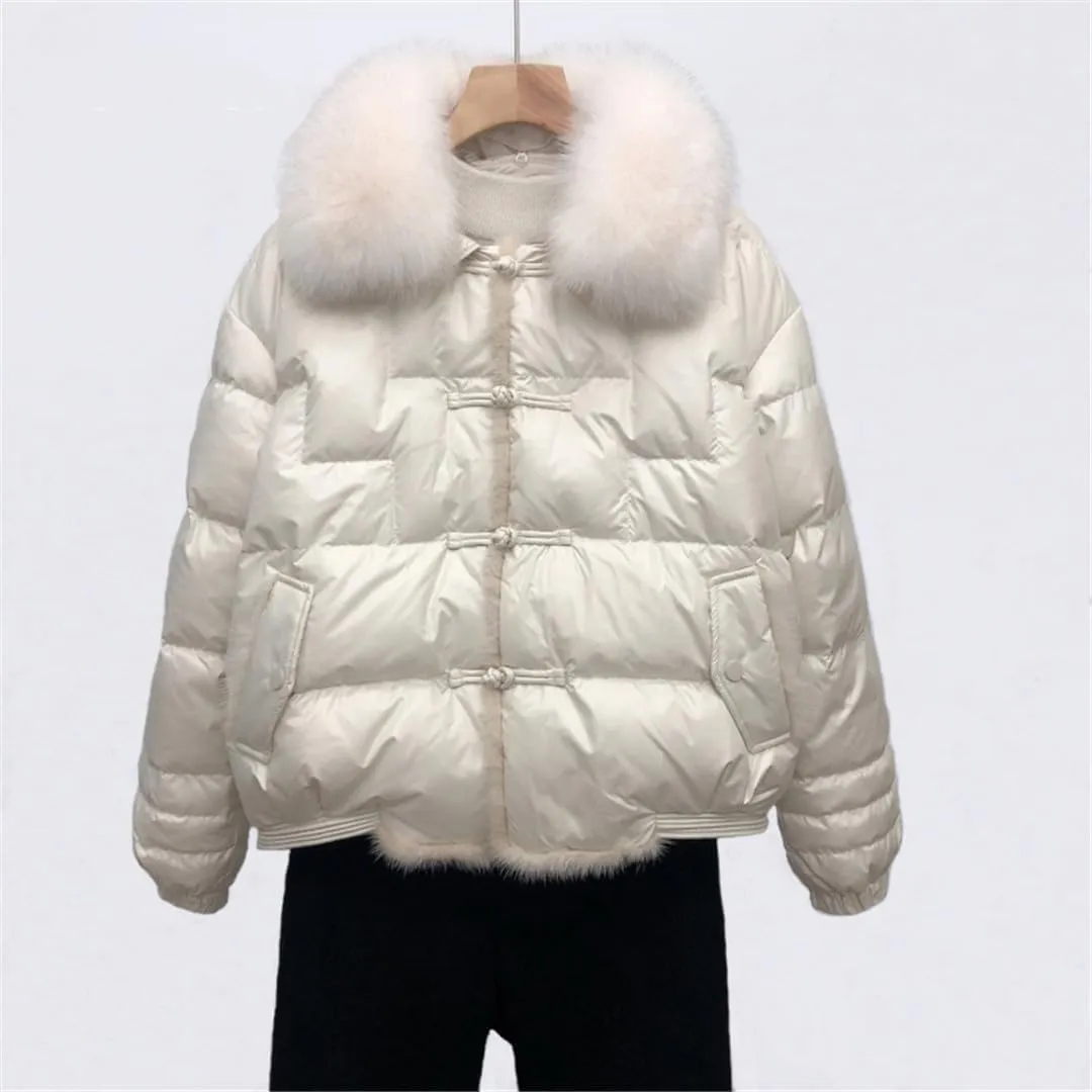 Fjnbbiot Fur Collar Winter Women White Duck Down Jacket Ladies Short Warm Puffer Coat Loose Vintage Parka