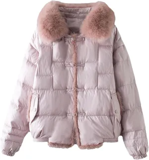 Fjnbbiot Fur Collar Winter Women White Duck Down Jacket Ladies Short Warm Puffer Coat Loose Vintage Parka