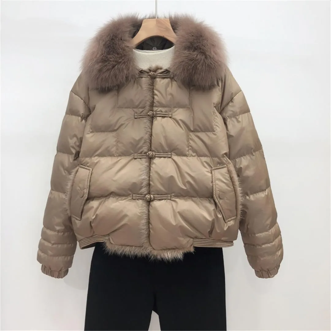 Fjnbbiot Fur Collar Winter Women White Duck Down Jacket Ladies Short Warm Puffer Coat Loose Vintage Parka