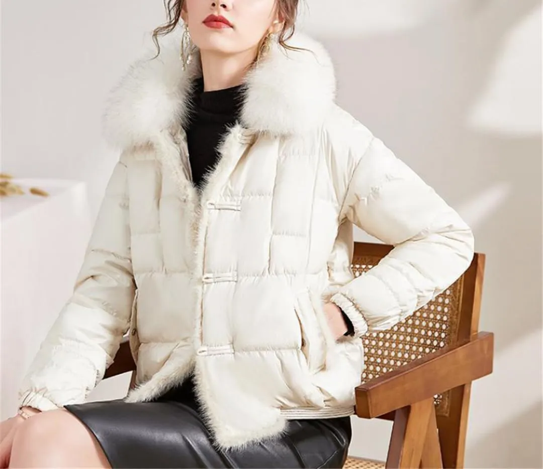 Fjnbbiot Fur Collar Winter Women White Duck Down Jacket Ladies Short Warm Puffer Coat Loose Vintage Parka