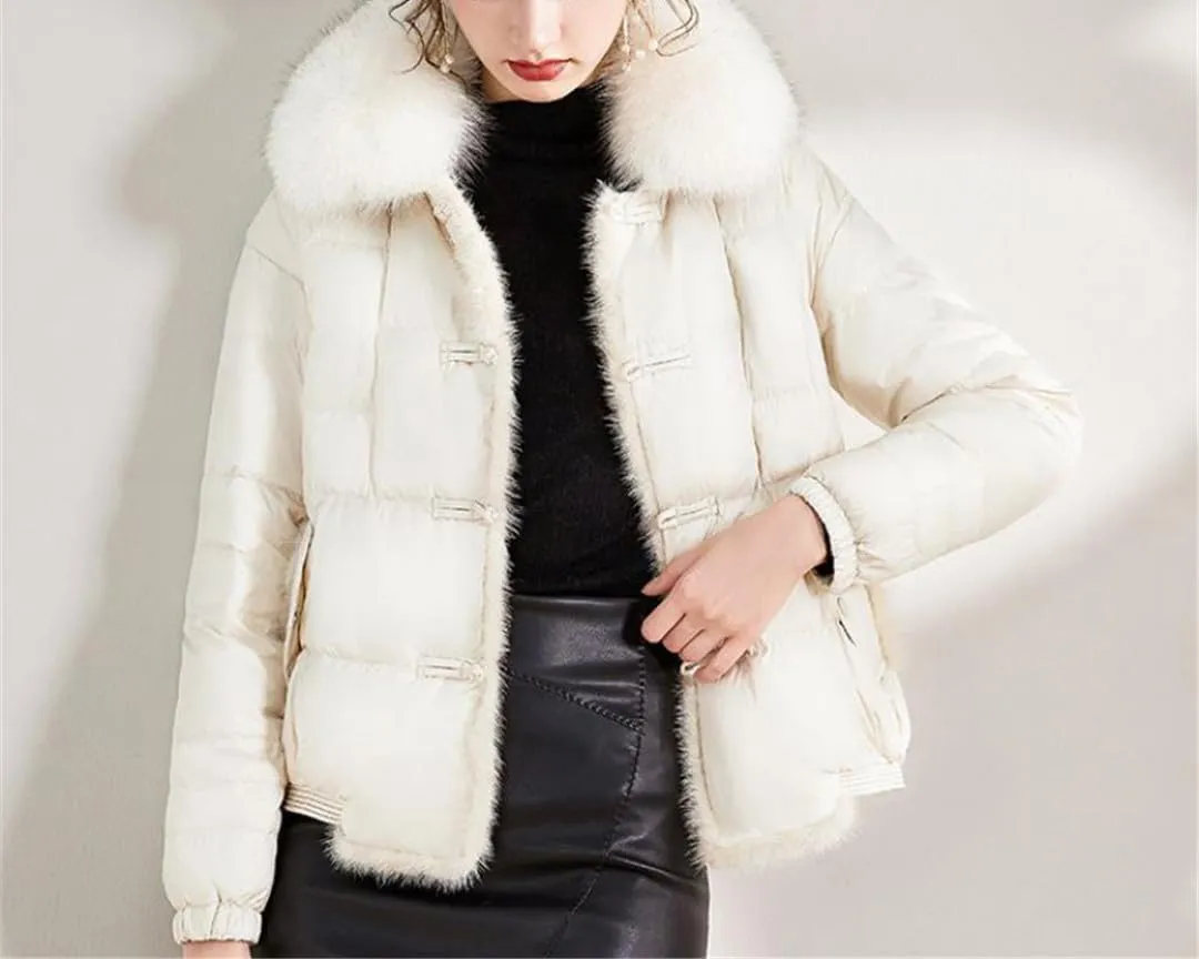 Fjnbbiot Fur Collar Winter Women White Duck Down Jacket Ladies Short Warm Puffer Coat Loose Vintage Parka