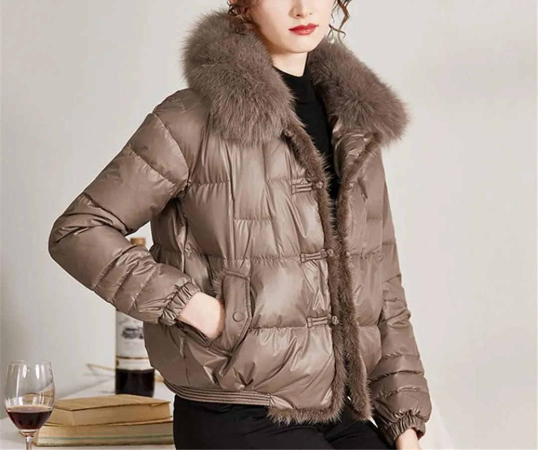 Fjnbbiot Fur Collar Winter Women White Duck Down Jacket Ladies Short Warm Puffer Coat Loose Vintage Parka