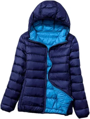 Fjnbbiot Women Winter Jackets Autumn Winter Reversible Hooded Windproof White Duck Down Coats Ultra Light Portable Puffer Parkas Navy blue 3XL