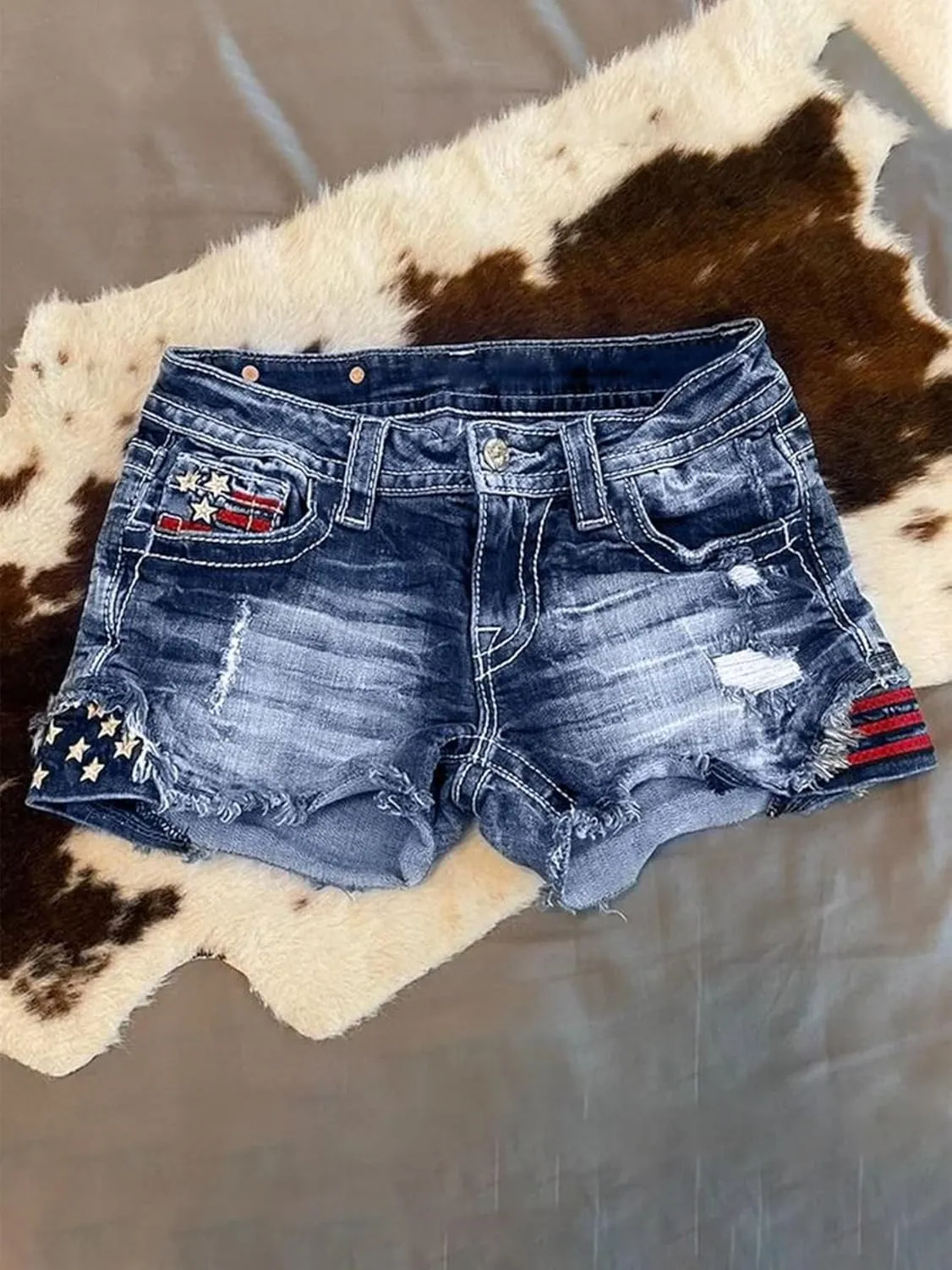 Flamingals Jean Shorts for Women Ripped Denim Mid Waist Distressed Raw Hem Skinny Stretchy Shorts